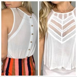 Free People White Lace Button Back Tank Top XS